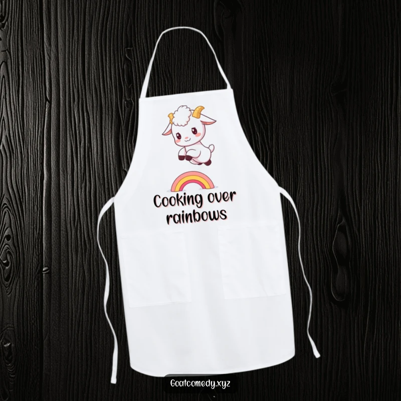Funny goat kid apron depicting a fluffy baby goat leaping over a tiny rainbow.