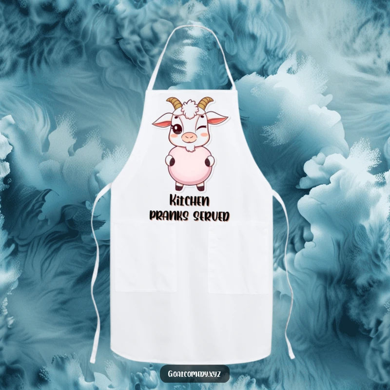 Funny goat apron with a mischievous wink, holding a whoopee cushion, perfect for kitchen fun and spreading laughter.