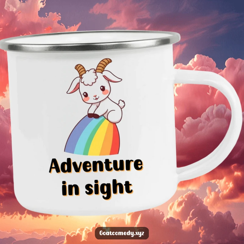Funny goat camping mug with ears flopped back, sliding down a rainbow, perfect for outdoor enthusiasts who love a touch of magic.