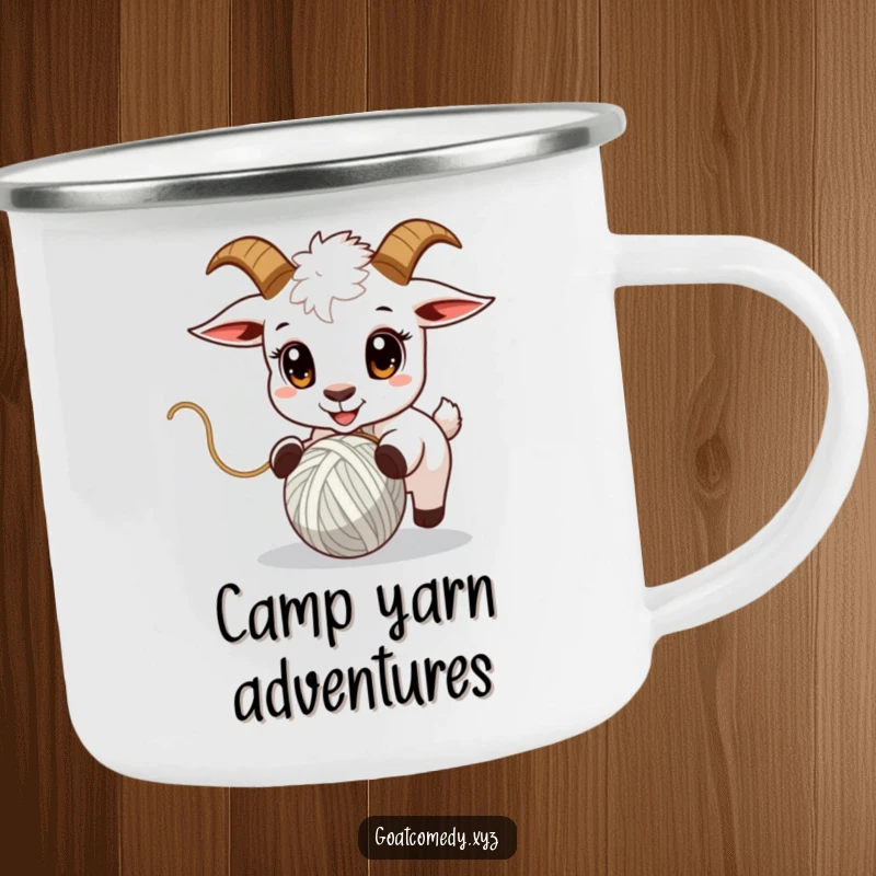 Funny goat camping mug showing a goat with wide eyes chasing a bouncing ball of yarn.