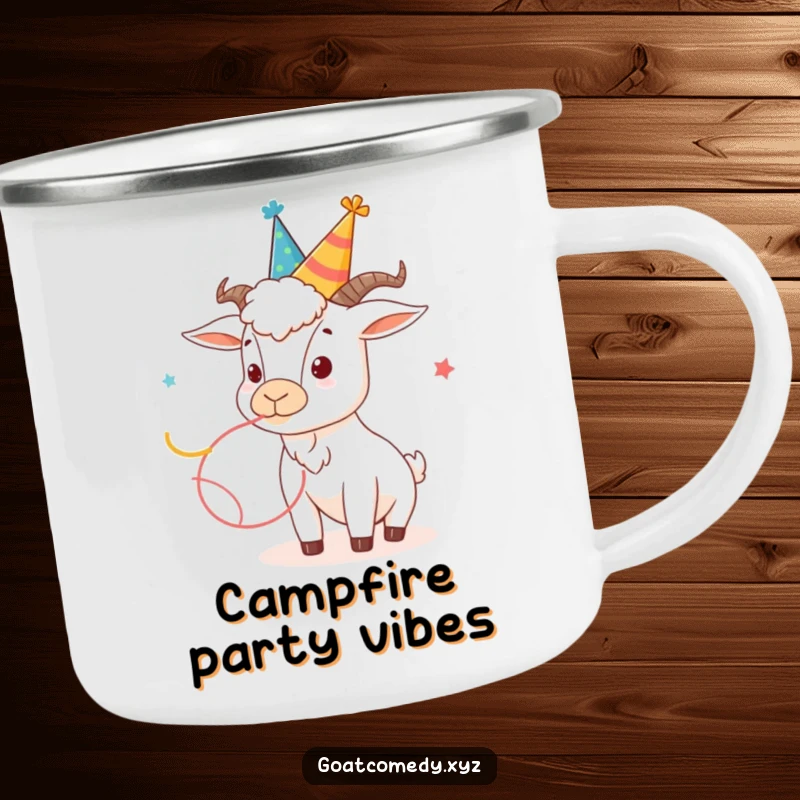 Funny goat camping mug showing a goat in a party hat blowing a streamer.