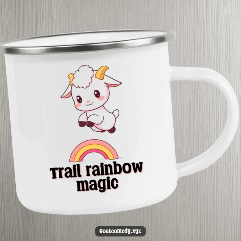 Funny goat kid camping mug showing a fluffy baby goat leaping over a tiny rainbow.