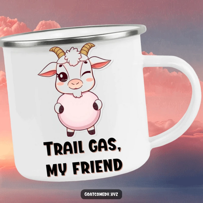 Funny goat camping mug with a mischievous wink, holding a whoopee cushion, perfect for outdoor enthusiasts who love humor.