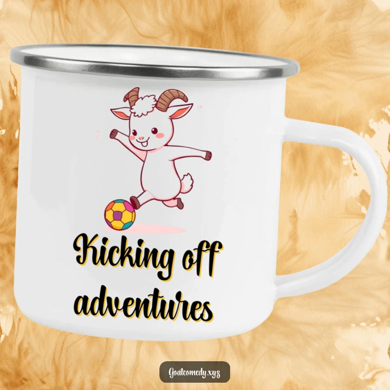 Funny Goat Camping Mug depicting a goat joyfully kicking a colorful ball, perfect for outdoor beverages.