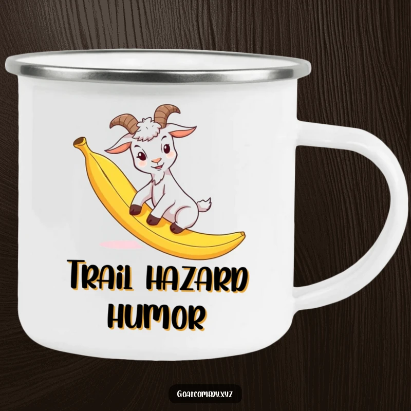 Funny goat camping mug showing a goat comically slipping on a banana peel, perfect for outdoor enthusiasts with a sense of humor.
