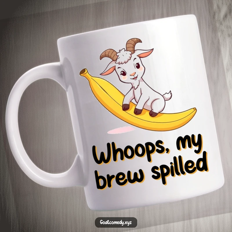 Funny goat mug showing a goat comically slipping on a bright yellow banana peel, embodying pure slapstick humor.