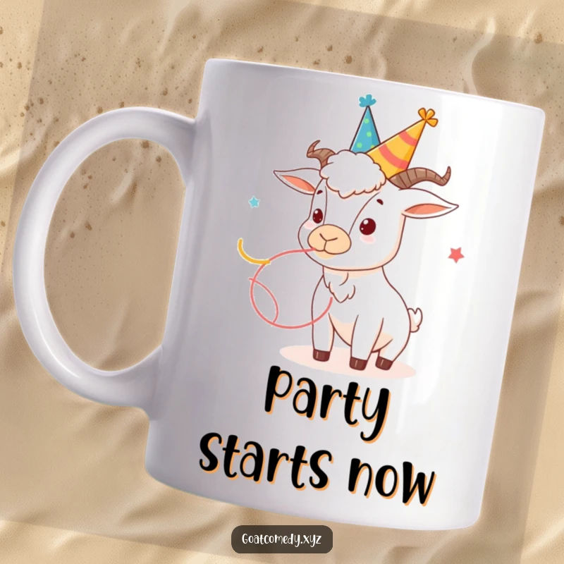Funny goat mug showing a goat wearing a silly party hat and blowing a colorful streamer.