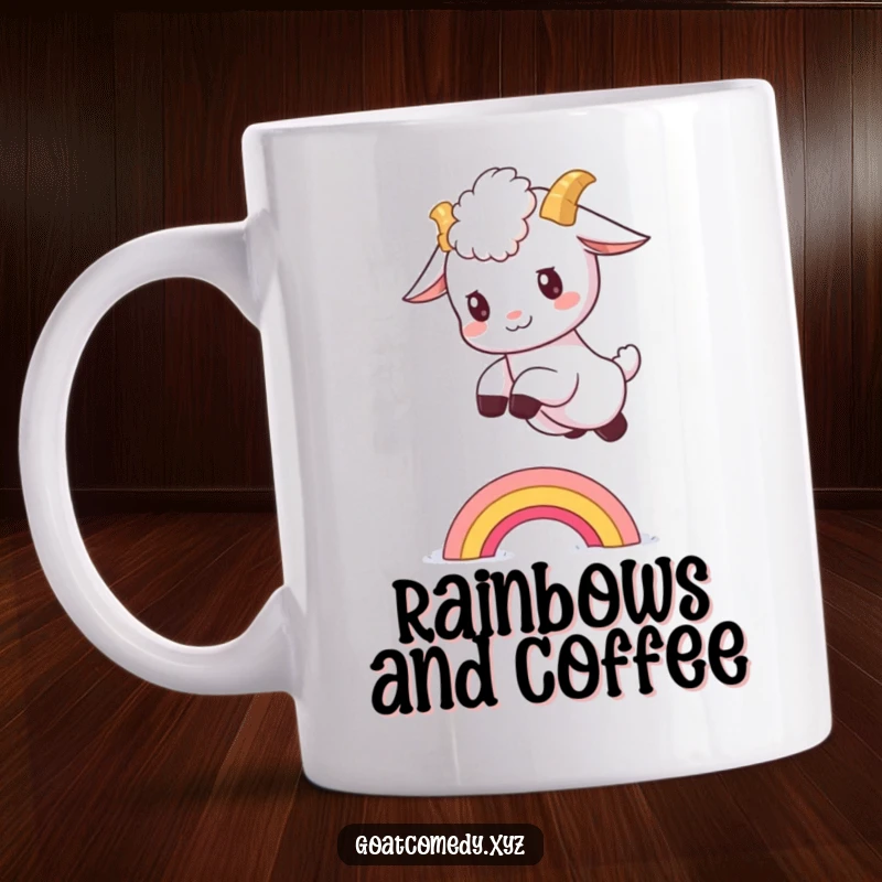 Funny goat kid mug showing a fluffy baby goat joyfully leaping over a vibrant, tiny rainbow.