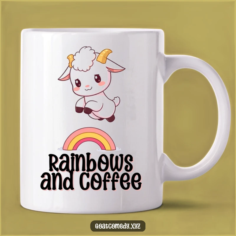 Funny Goat Rainbow Mug: Whimsical Leaping Kid Art for a Perfect Gift