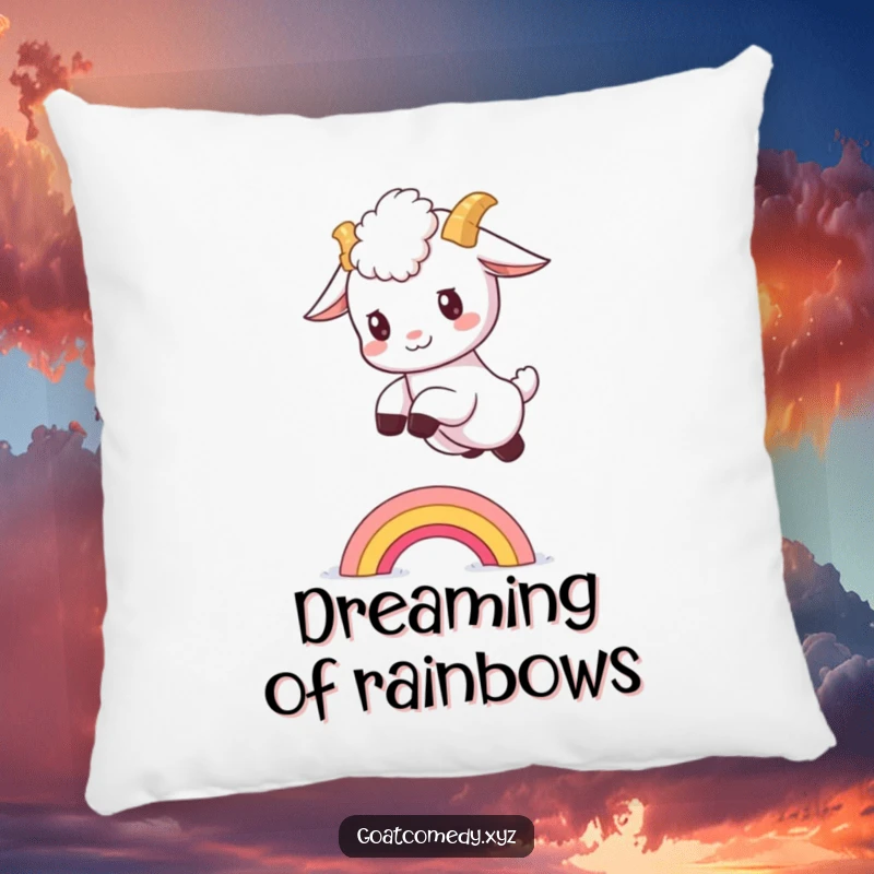Funny goat kid pillow showing a fluffy baby goat happily leaping over a small, ethereal rainbow.