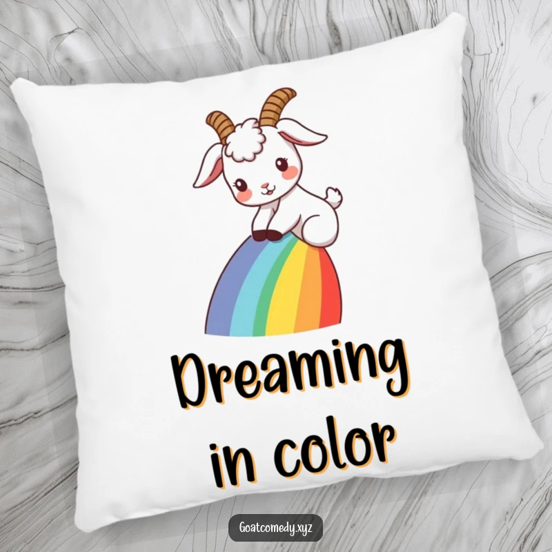 Funny goat pillow with ears flopped back, sliding down a rainbow, offering comfort and a touch of whimsical magic.