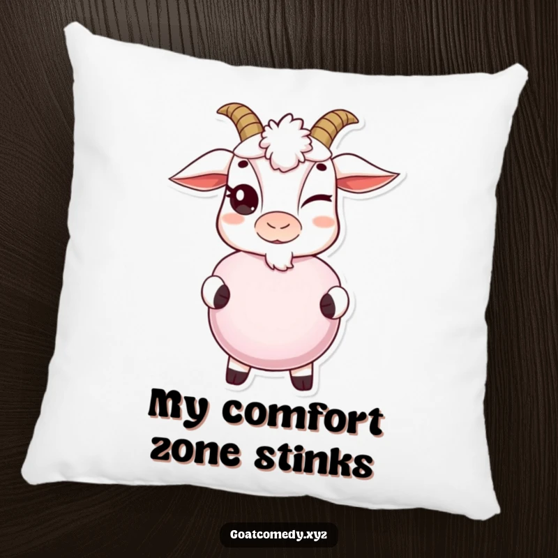 Funny goat pillow with a mischievous wink, holding a whoopee cushion, offering comfort and a touch of playful humor.