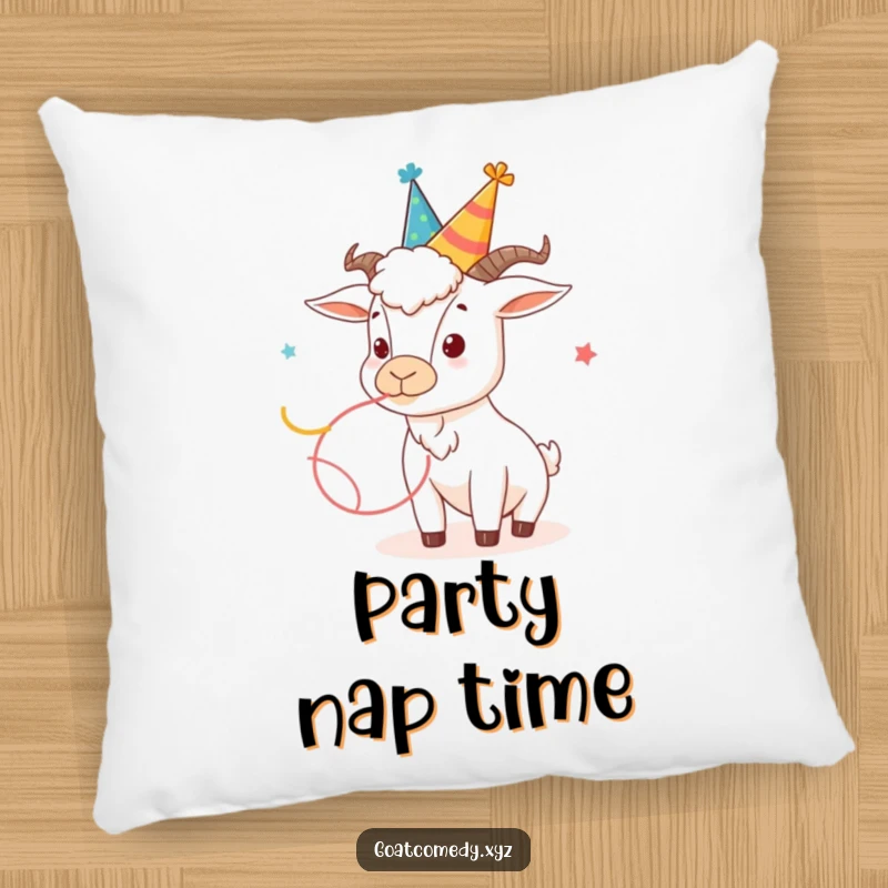 Funny goat pillow showing a goat in a silly party hat blowing a streamer, bringing festive vibes.
