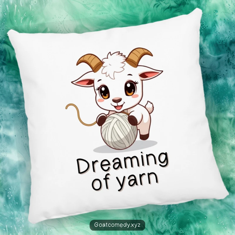 Funny goat pillow showing a goat with wide eyes intently chasing a bouncing ball of yarn.