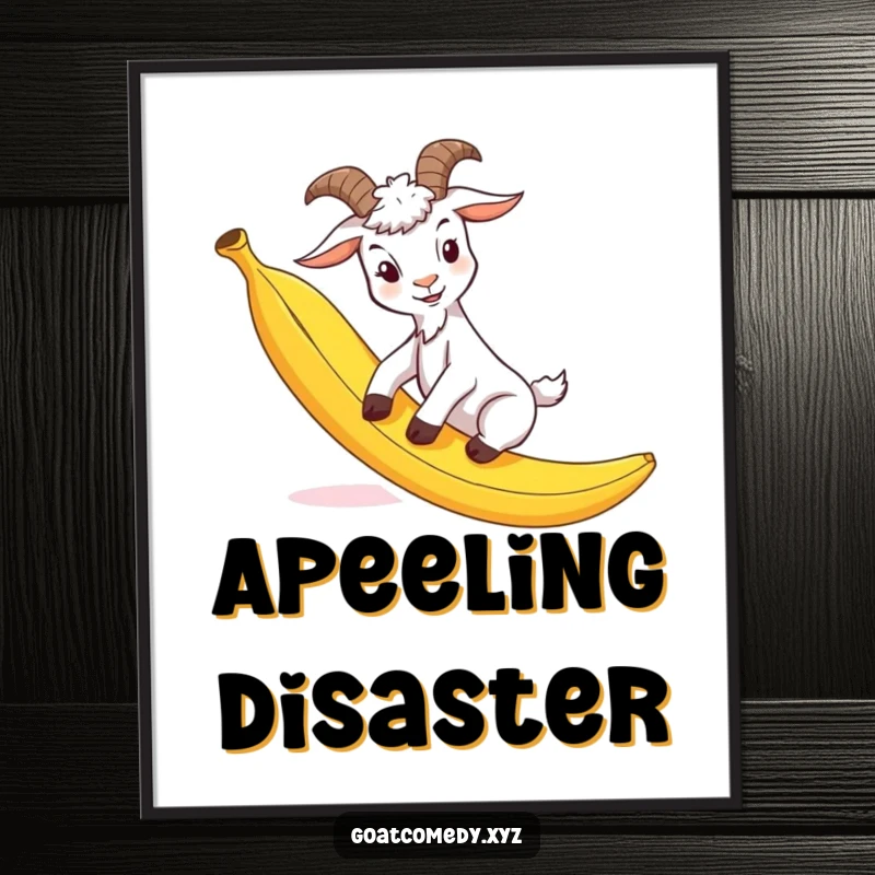 Funny goat digital art print depicting a goat comically slipping on a banana peel, adding instant slapstick humor to any space.