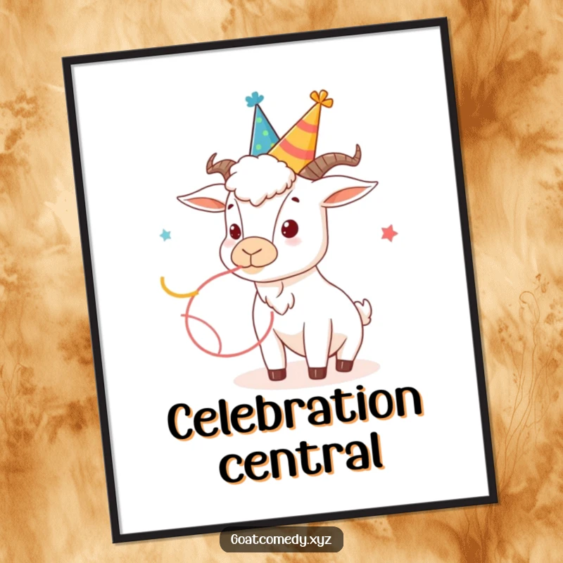 Funny goat digital art print of a goat wearing a silly party hat and blowing a streamer.