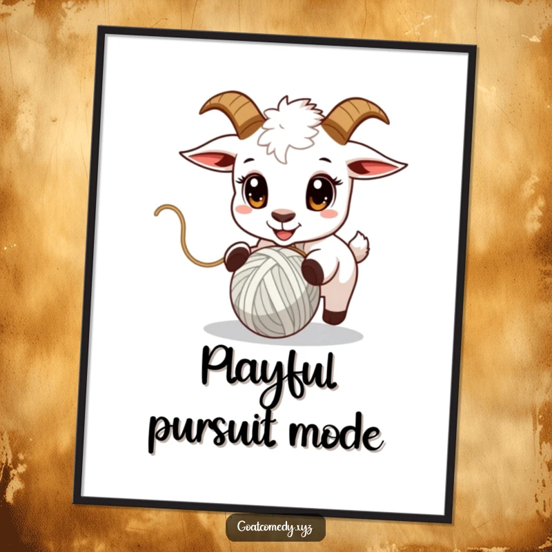 Funny goat digital art print of a goat with wide eyes chasing a bouncing ball of yarn.