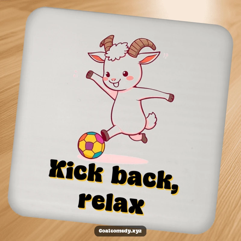 Funny Goat Coaster showing a goat energetically kicking a colorful ball, protecting tables with humor and fun.