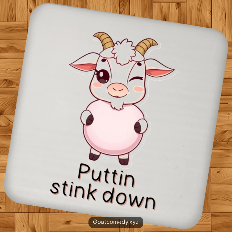 Funny goat drink coasters with a mischievous wink, holding a whoopee cushion, offering protection and a dose of humor.