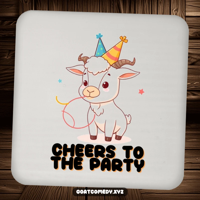 Funny goat coaster showing a goat in a silly party hat blowing a party streamer.