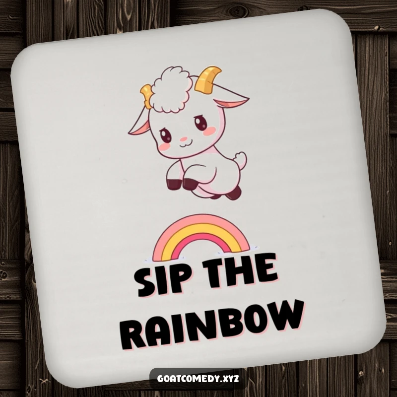 Funny goat kid coaster showing a fluffy baby goat leaping over a tiny rainbow.