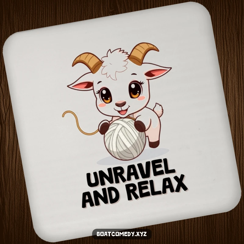 Funny goat coaster showing a goat with wide eyes chasing a bouncing ball of yarn.