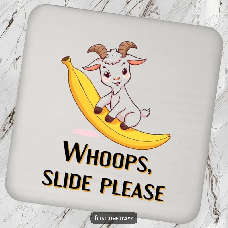 Funny goat drink coasters featuring a goat comically slipping on a banana peel, offering protection and a splash of humor.