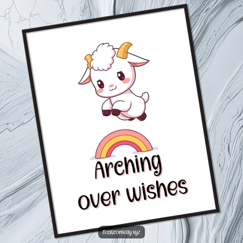 Funny goat kid poster showing a fluffy baby goat in mid-air, leaping over a tiny, colorful rainbow.