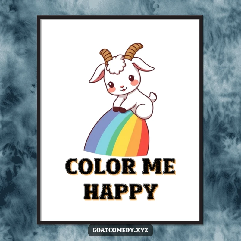 Funny goat poster with ears flopped back, sliding down a rainbow, bringing a sense of joy and magical adventure to wall decor.