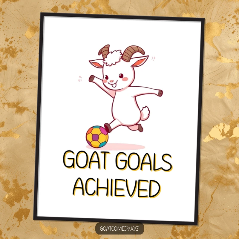 Funny Goat Poster depicting a goat joyfully kicking a colorful ball, adding vibrant, playful energy to walls.
