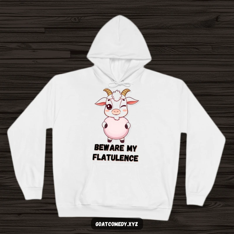Funny goat hoodie featuring a mischievous wink and a whoopee cushion, perfect for staying warm and spreading laughter.