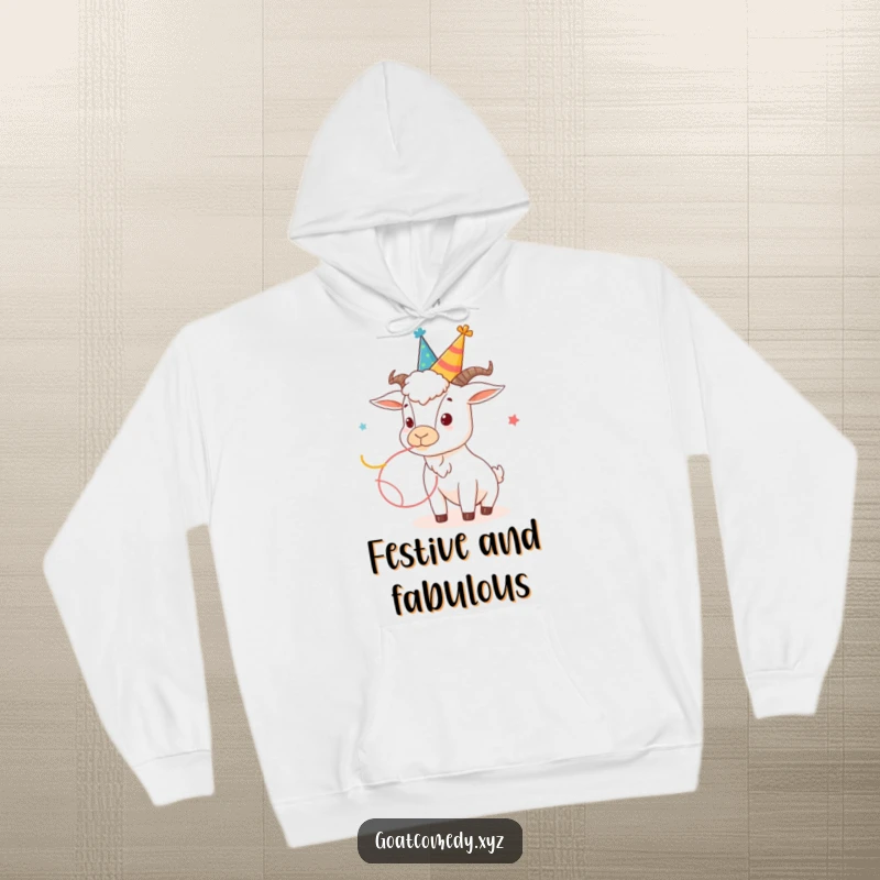 Funny goat hoodie showing a goat wearing a silly party hat and blowing a streamer, ready to party.