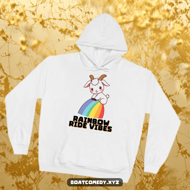 Funny goat hoodie with ears flopped back, sliding down a rainbow, offering cozy comfort and a touch of whimsical magic.