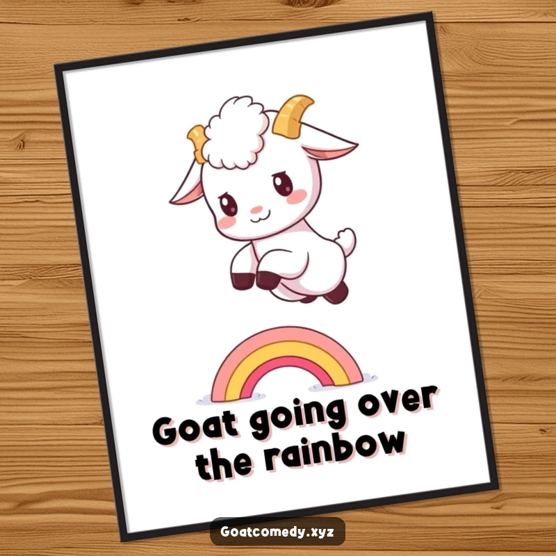 Funny Free Printable Wall Art: A fluffy baby goat kid joyfully leaping over a tiny, colorful rainbow.