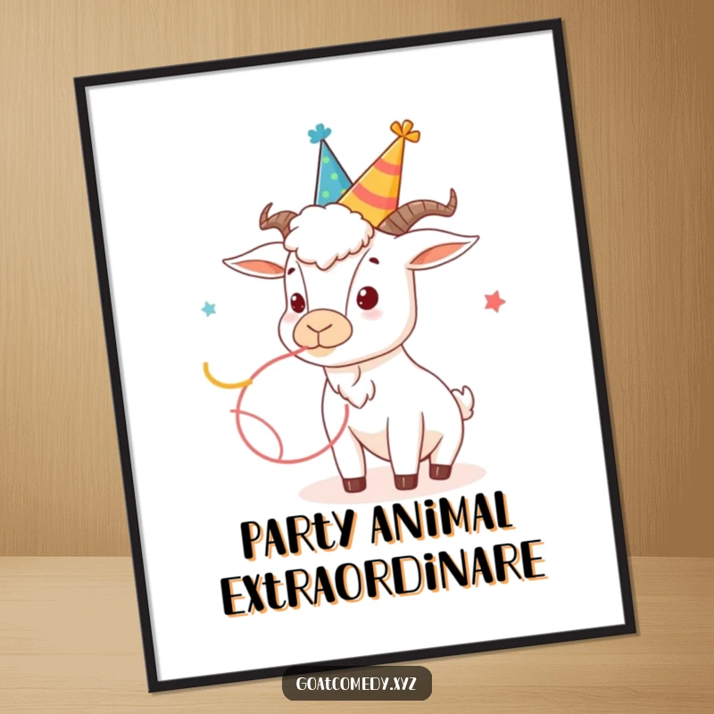 Funny Free Printable Wall Art: A goat wearing a silly party hat, energetically blowing a colorful streamer.