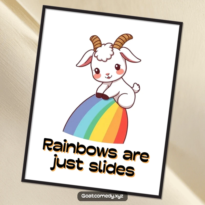 Funny Free Printable Wall Art: A goat with ears back slides down a vibrant rainbow, bringing joy and color to any room.
