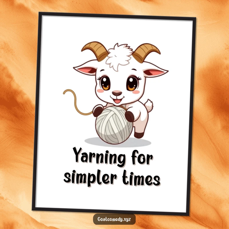 Funny Free Printable Wall Art: A goat with wide, curious eyes chasing a bouncing ball of colorful yarn.