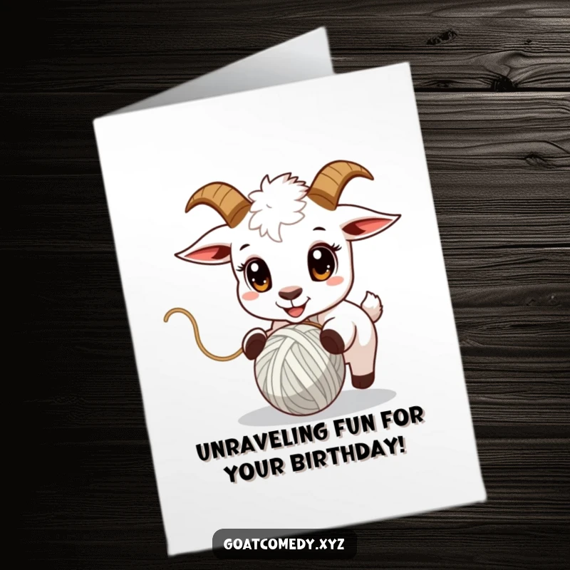 Funny Free Printable Birthday Card: A goat with wide, excited eyes chasing a bouncing ball of yarn.