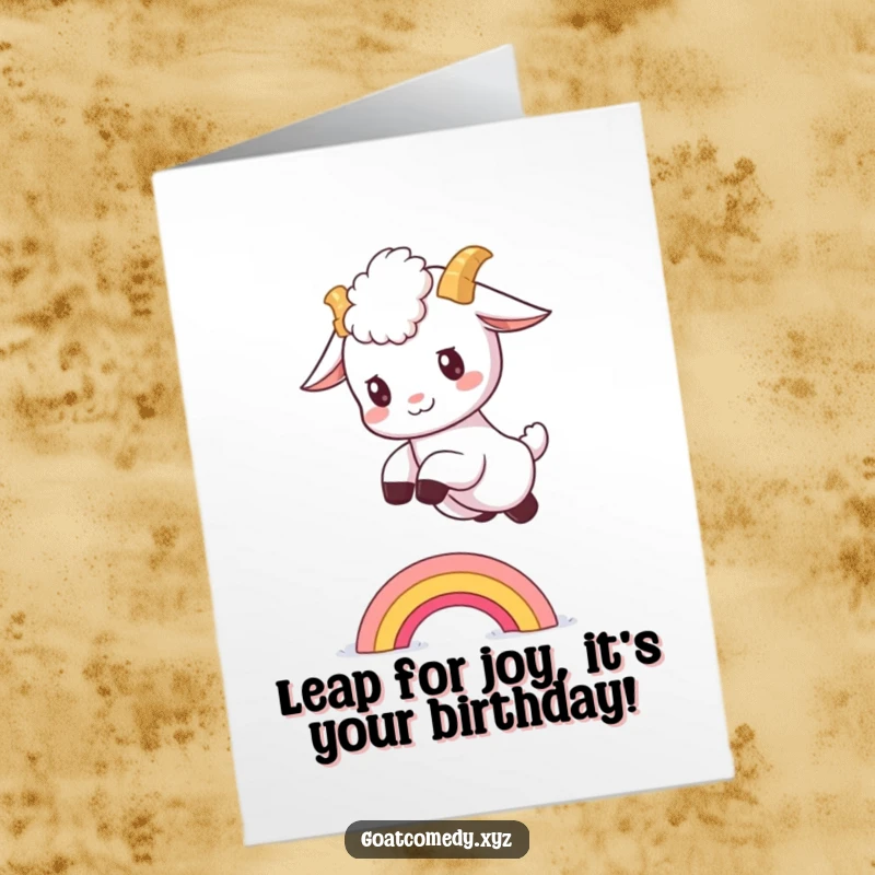 Funny Free Printable Birthday Card: A fluffy goat kid joyfully leaping over a small, vibrant rainbow.