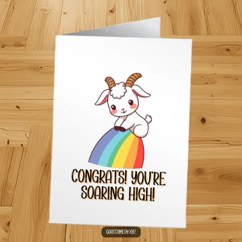 Funny Free Printable Congratulations Card: A goat with ears back slides gleefully down a colorful rainbow, a symbol of triumph.