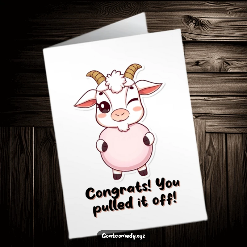 Funny Free Printable Congratulations Card: A goat winks mischievously, presenting a whoopee cushion for a hilarious surprise.
