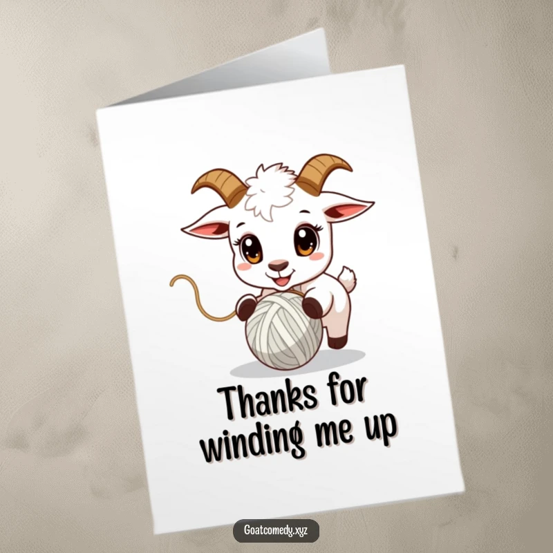 Funny Free Printable Thank You Card: A goat with wide eyes chasing a bouncing ball of yarn, conveying thanks.