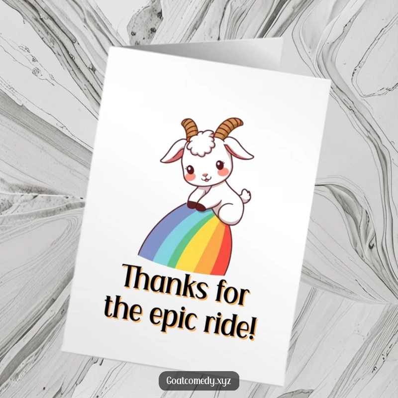 Funny Free Printable Thank You Card: A goat with ears back slides down a rainbow, a delightful and colorful way to say thank you.