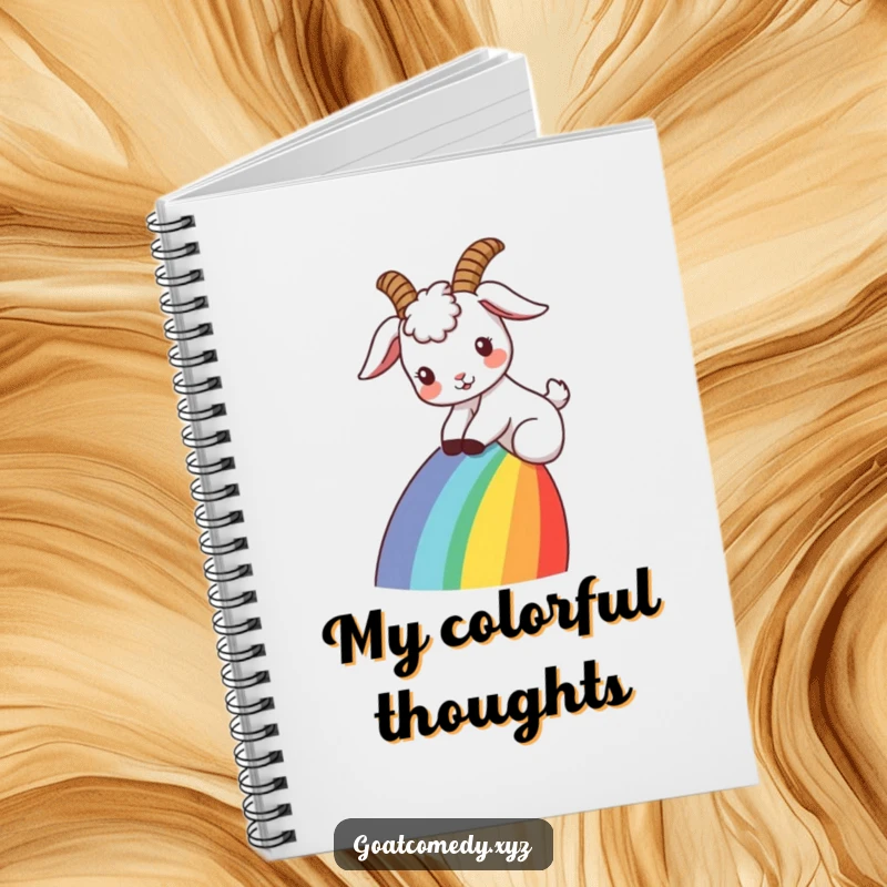 Funny goat notebook depicting a goat with ears flopped back, sliding down a rainbow, ideal for jotting down creative and magical ideas.