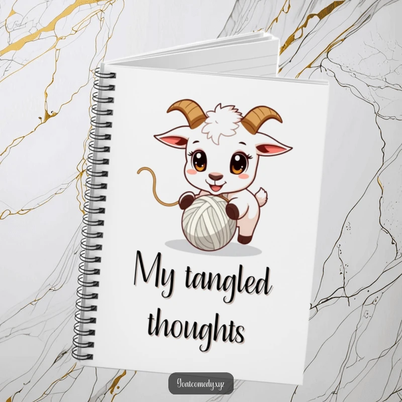 Funny goat notebook cover featuring a goat with wide eyes chasing a bouncing ball of yarn.