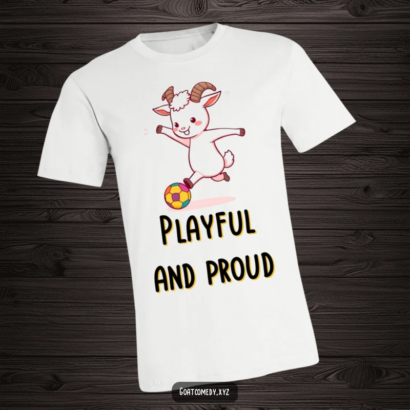 Funny Goat T-Shirt featuring a goat energetically kicking a colorful ball, radiating playful happiness.