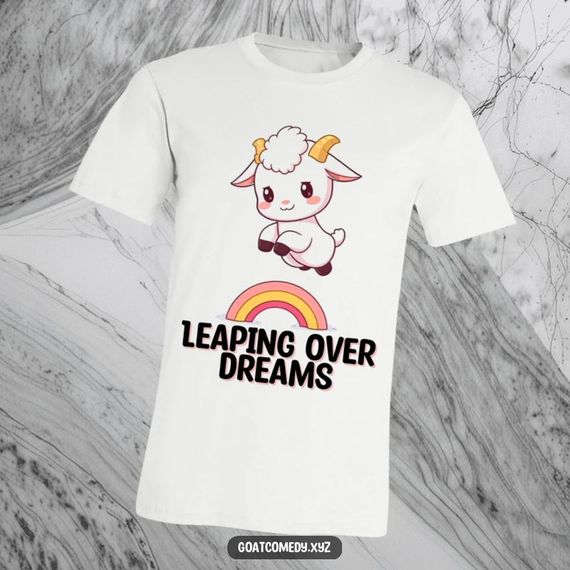 Funny goat kid t-shirt with a fluffy baby goat in mid-leap over a small, colorful rainbow.