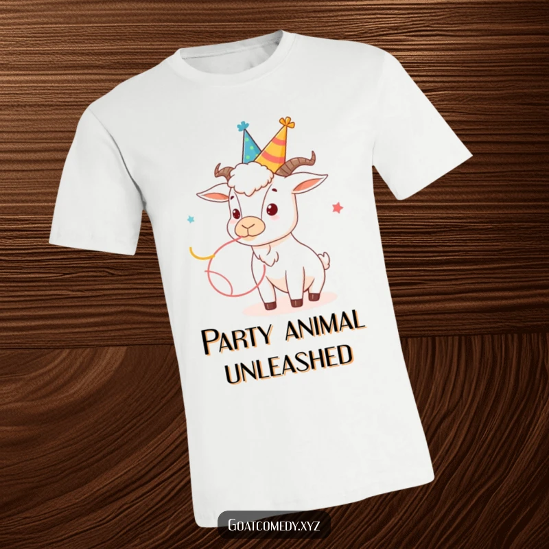 Funny goat t-shirt with a goat in a silly party hat, enthusiastically blowing a long party streamer.