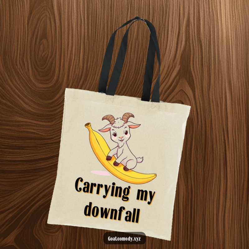 Funny goat tote bag featuring a goat comically slipping on a banana peel, a humorous accessory for everyday use.