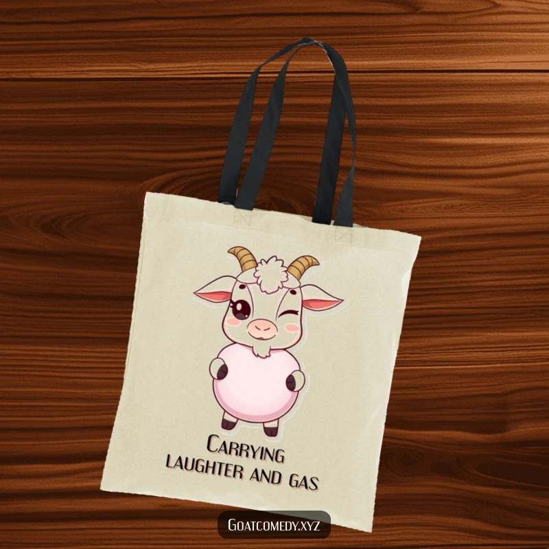 Funny goat tote bag with a mischievous wink, holding a whoopee cushion, ideal for carrying essentials with a humorous flair.